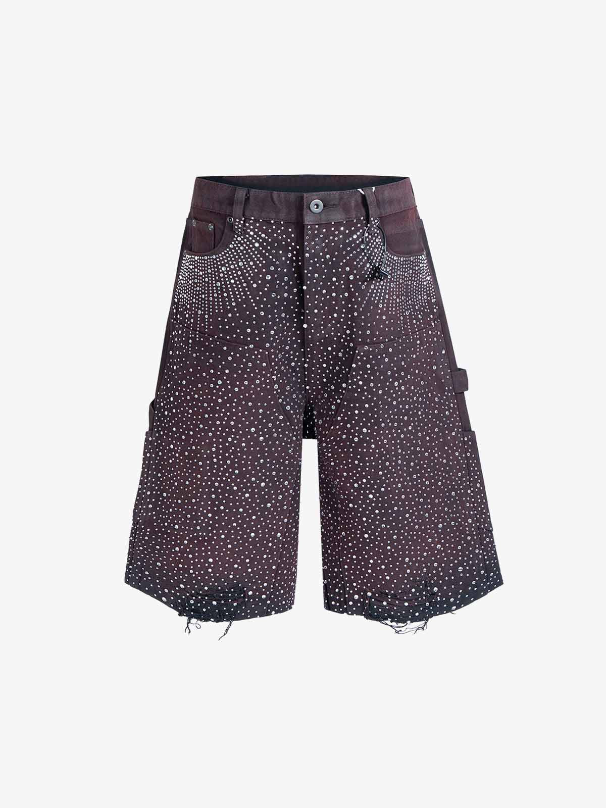Studded Denim Cargo Shorts for Men with Rhinestone Embellishment, Fashionable Streetwear Style, Distressed Hem Design?