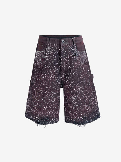 Studded Denim Cargo Shorts for Men with Rhinestone Embellishment, Fashionable Streetwear Style, Distressed Hem Design?