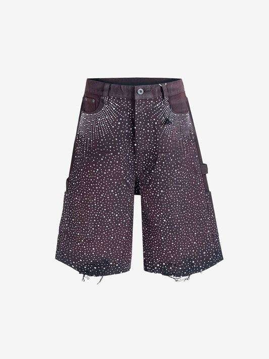 Studded Denim Cargo Shorts for Men with Rhinestone Embellishment, Fashionable Streetwear Style, Distressed Hem Design?