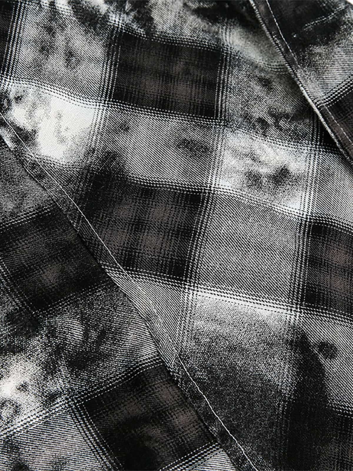 Washed Cotton Plaid Long Sleeve Shirt with Distressed Pattern and Chest Pocket 