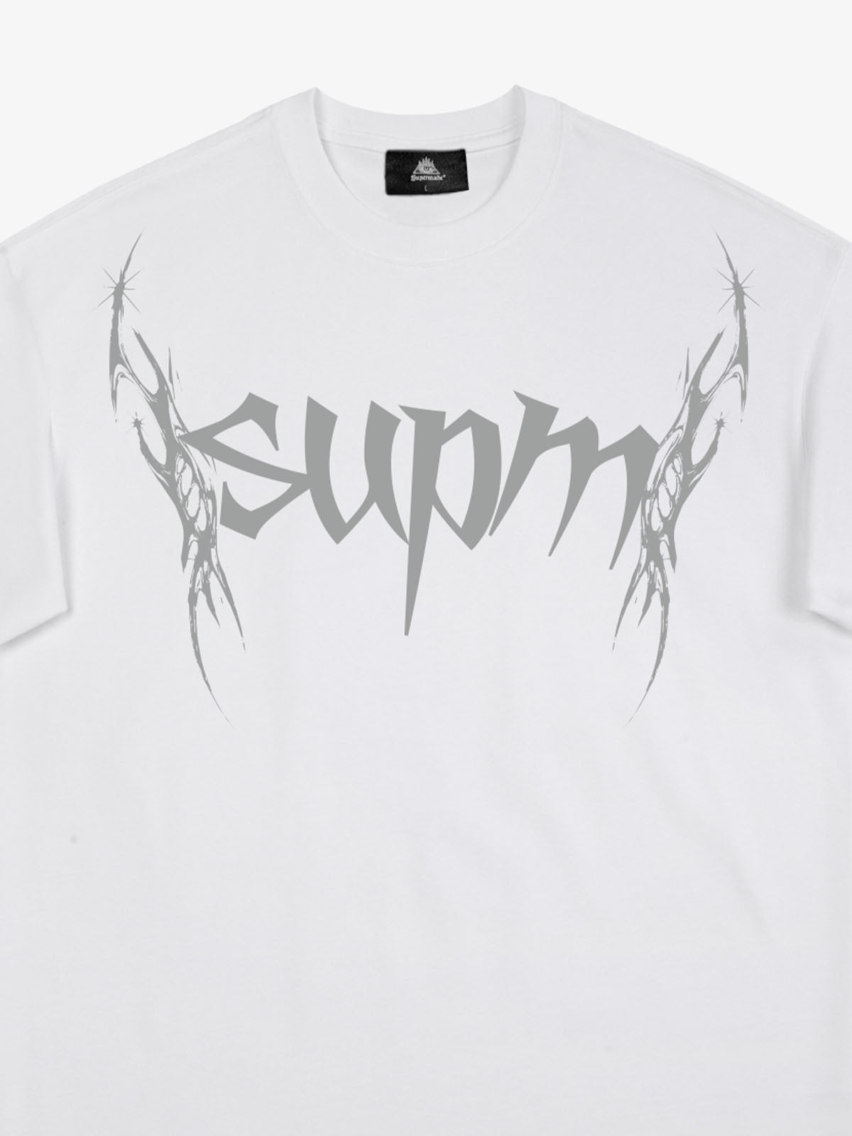 THE SUPERMADE Futuristic spiked pattern gothic style logo font design T-shirts 