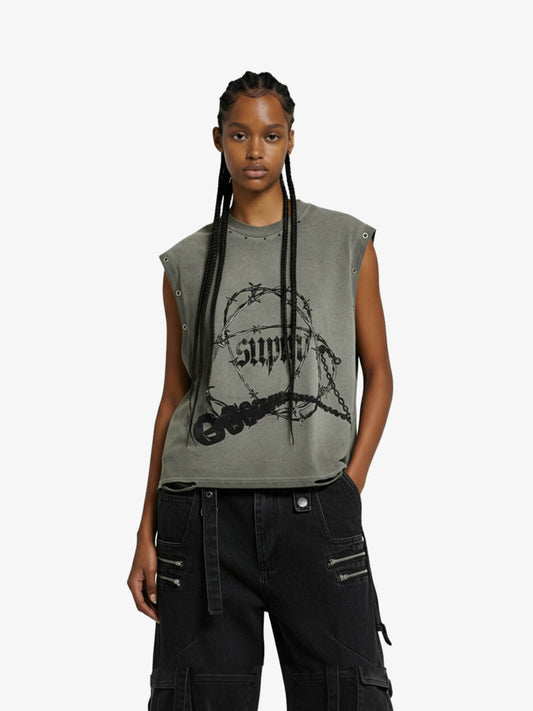 Barbed Wire Chain Graphic Sleeveless Vest