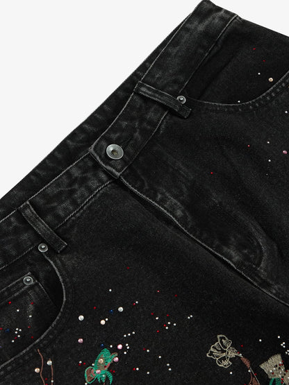 Vintage Floral Embroidery Rhinestone Straight Jeans 