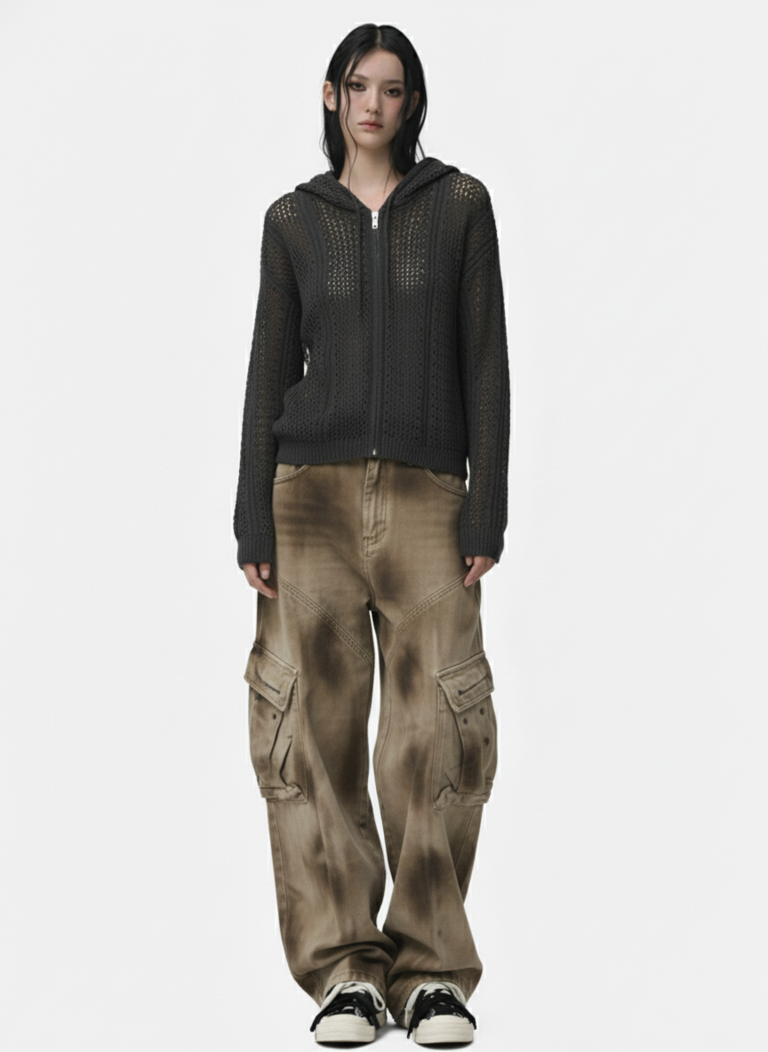 Retro Hollow-Out Knit Zip Up Hoodie