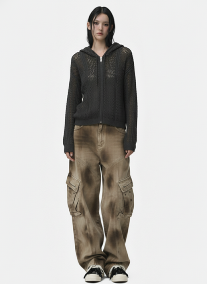 Retro Hollow-Out Knit Zip Up Hoodie