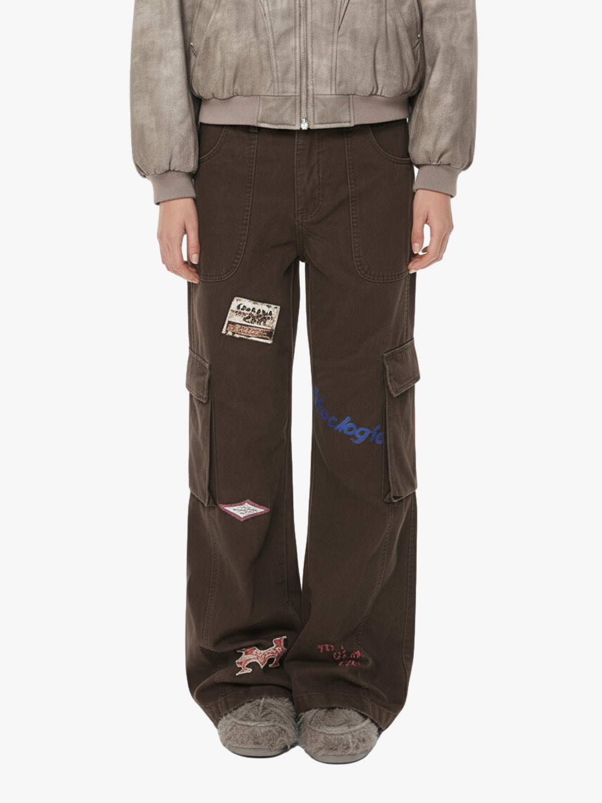Retro Patchwork Graphic Multi-Pocket Flared Cargo Pants