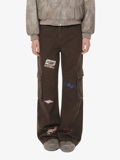 Retro Patchwork Graphic Multi-Pocket Flared Cargo Pants