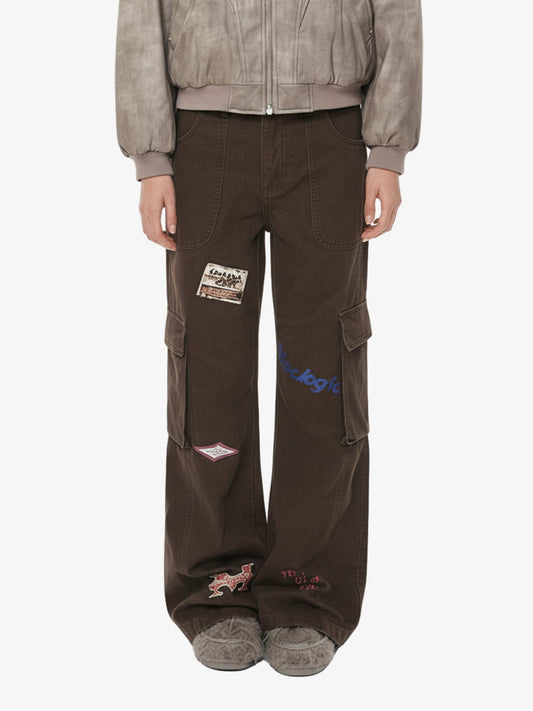 Retro Patchwork Graphic Multi-Pocket Flared Cargo Pants
