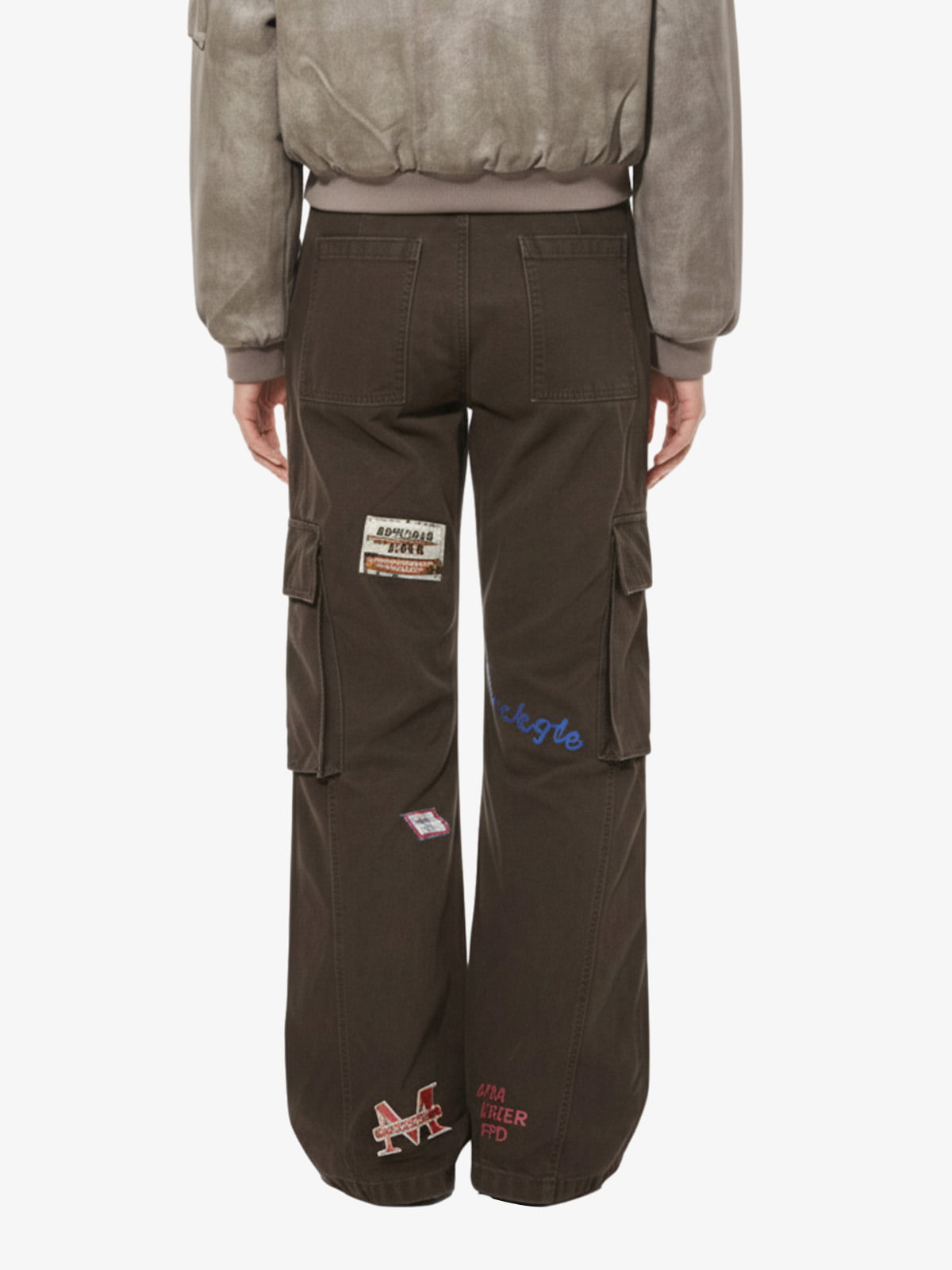 Retro Patchwork Graphic Multi-Pocket Flared Cargo Pants