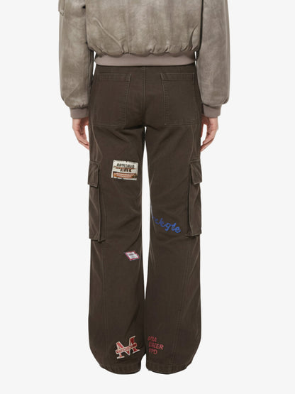 Retro Patchwork Graphic Multi-Pocket Flared Cargo Pants