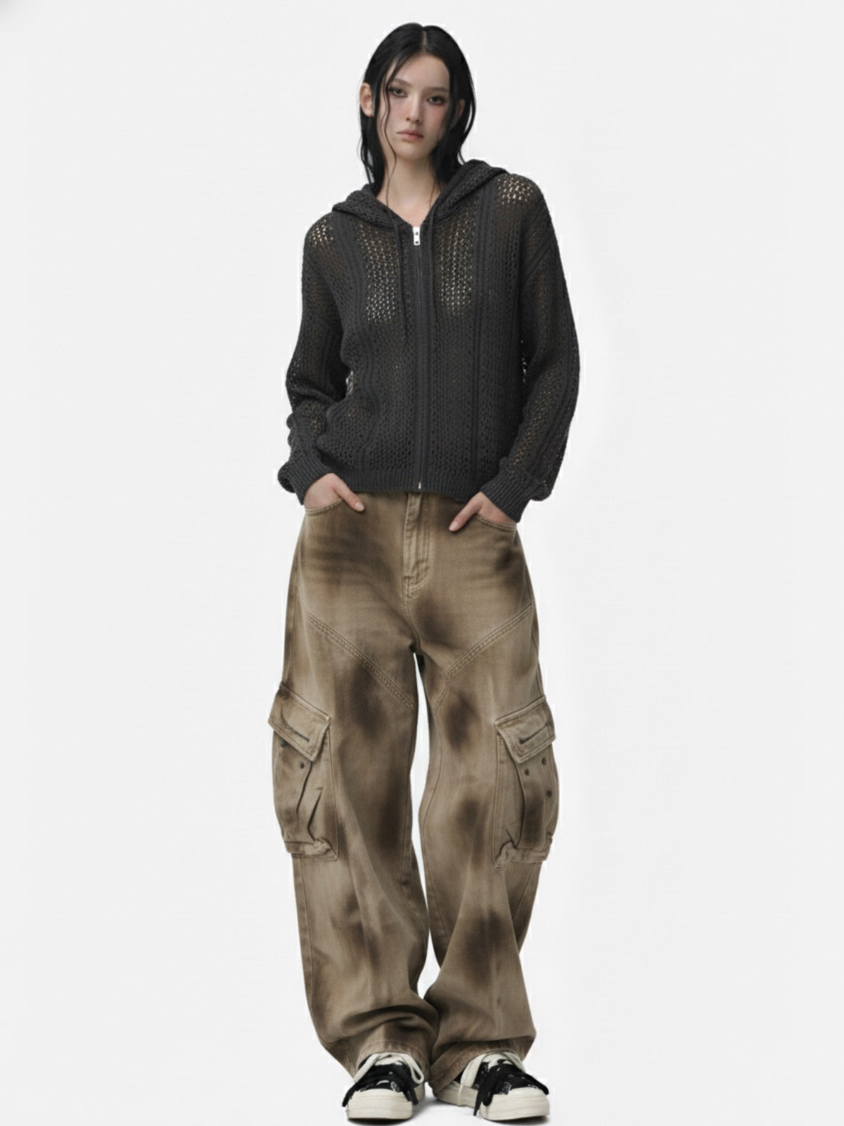 Retro Hollow-Out Knit Zip Up Hoodie