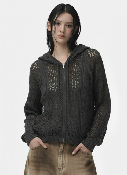 Retro Hollow-Out Knit Zip Up Hoodie