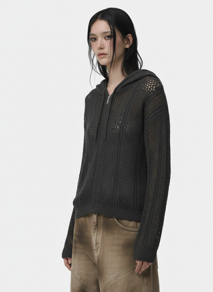 Retro Hollow-Out Knit Zip Up Hoodie