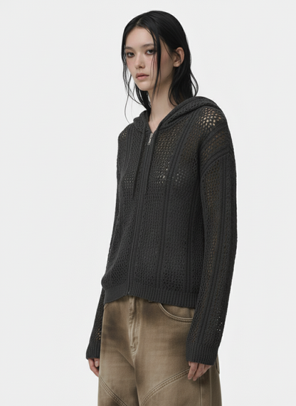 Retro Hollow-Out Knit Zip Up Hoodie