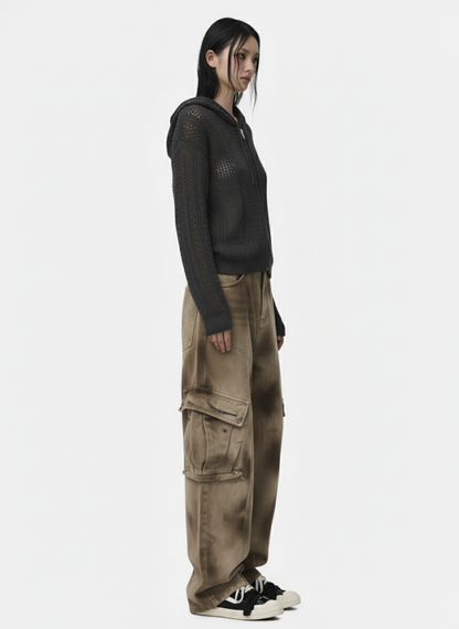 Retro Hollow-Out Knit Zip Up Hoodie