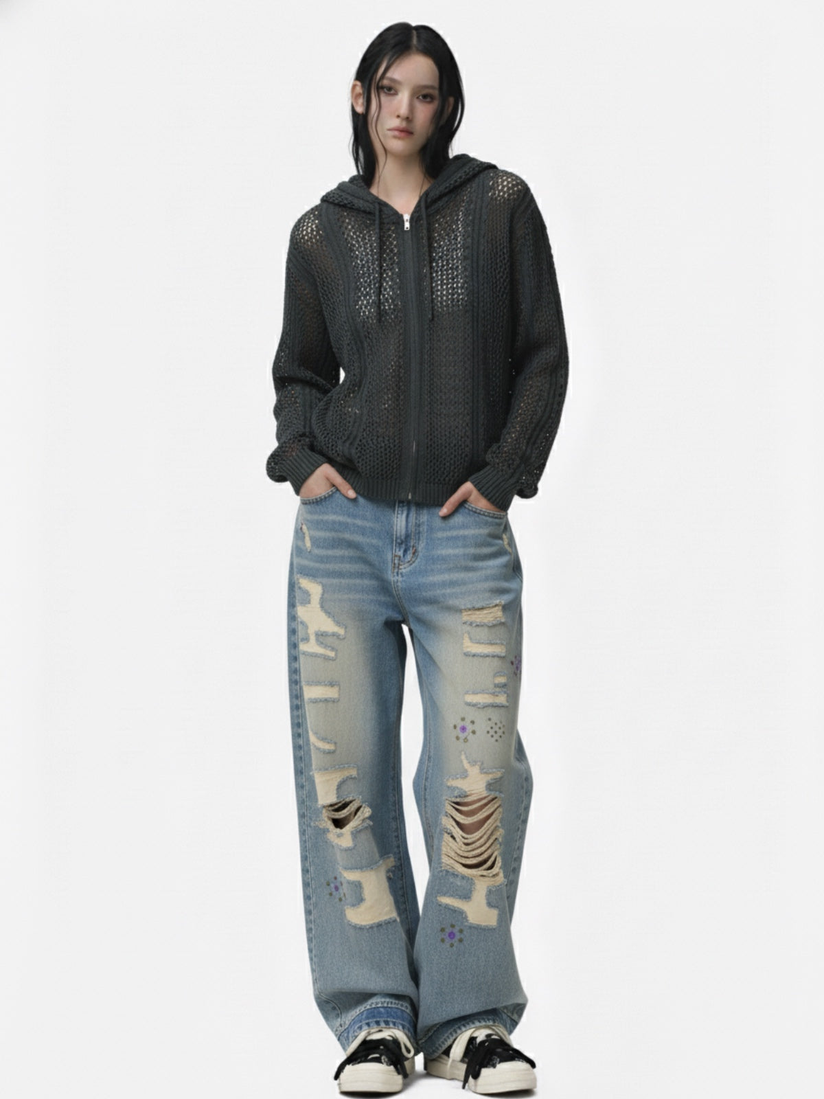 Retro Hollow-Out Knit Zip Up Hoodie