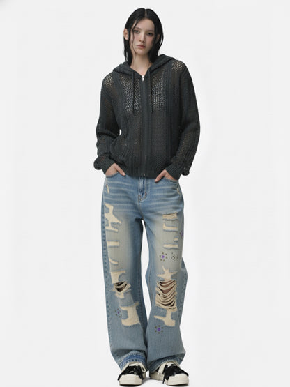 Retro Hollow-Out Knit Zip Up Hoodie