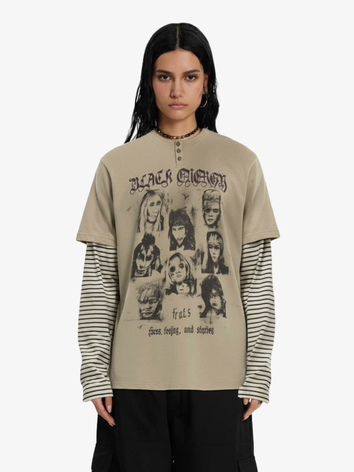 Vintage Band Portrait Graphic Layered Henley T-Shirt