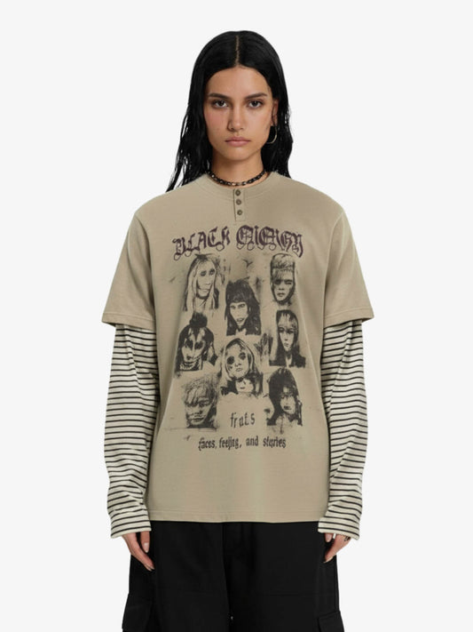 Vintage Band Portrait Graphic Layered Henley T-Shirt