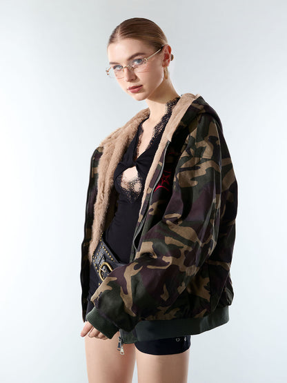 Embroidered Detachable Fur Hooded Jacket