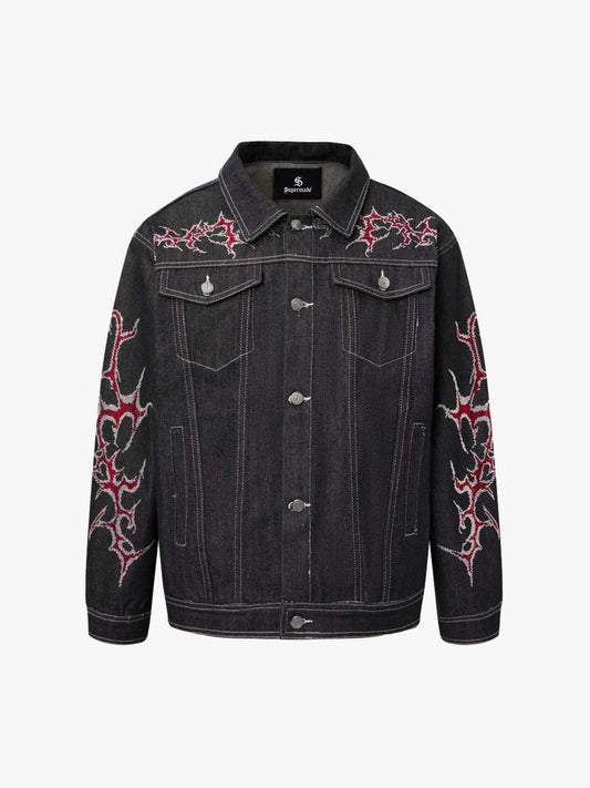 Black Denim Jacket with Red Embroidered Design for Men 