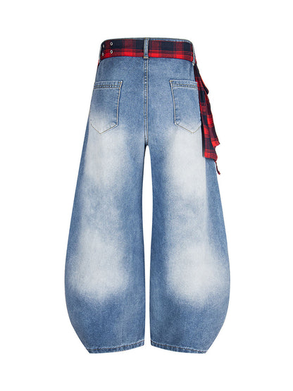 Washed Plaid Belt Barrel Jeans 