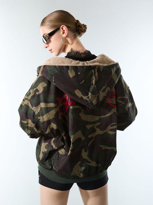 Embroidered Detachable Fur Hooded Jacket