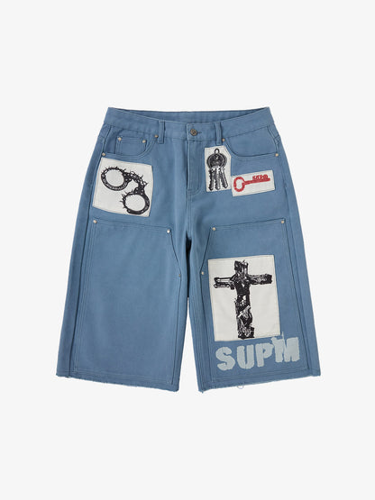 Supermade Multi-Element Appliqu¨¦ Patchwork Denim Suit?