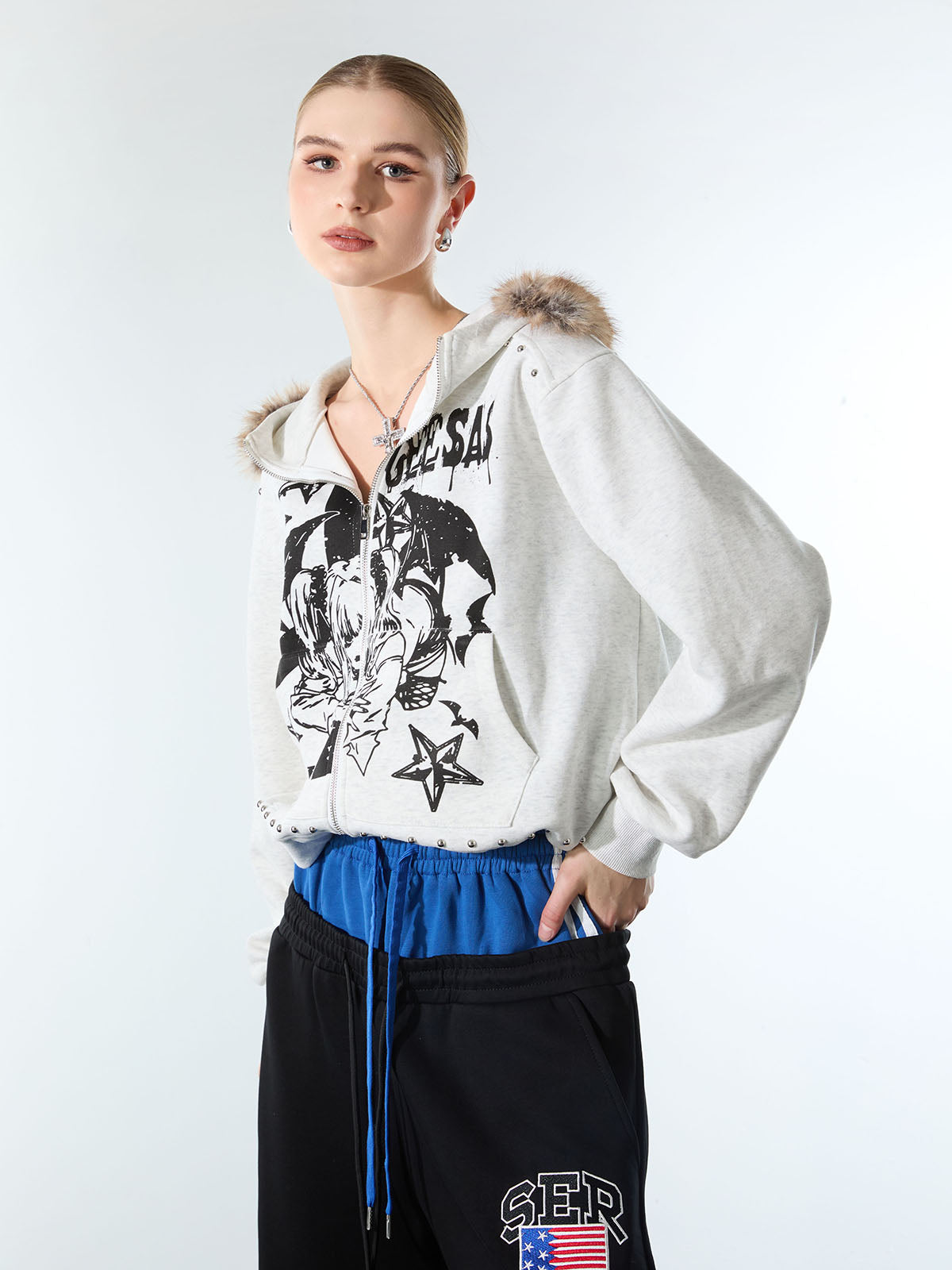 Retro Fur Collar Cartoon Pattern Zipper Hooded Sweatshirt