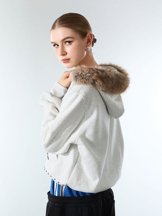 Retro Fur Collar Cartoon Pattern Zipper Hooded Sweatshirt