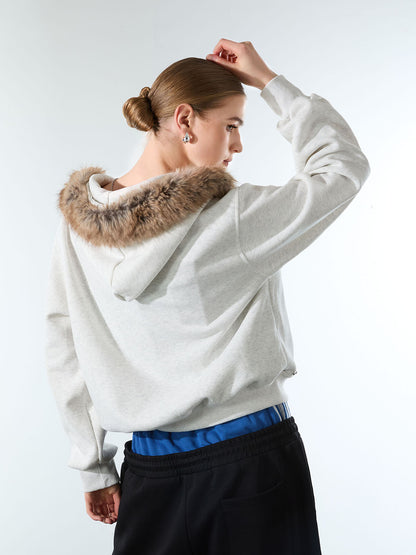 Retro Fur Collar Cartoon Pattern Zipper Hooded Sweatshirt