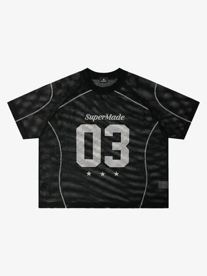 Mesh Jersey T-Shirt with Red Number 03 Print and Stitched Details?