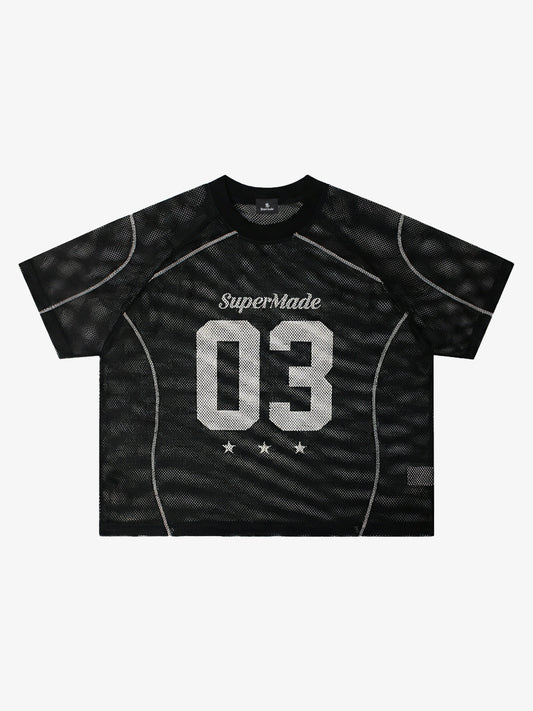 Mesh Jersey T-Shirt with Red Number 03 Print and Stitched Details?