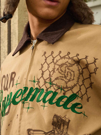 Supermade “Your God Is Not Here” Slogan Print Color-Blocked Embroidered Retro Canvas Set 