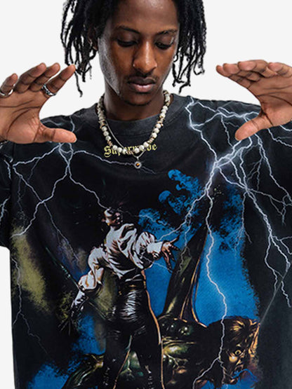 300G Jade Pattern Dyed Cotton T-Shirt with Lightning Graphic Print Oversized Streetwear Tee?