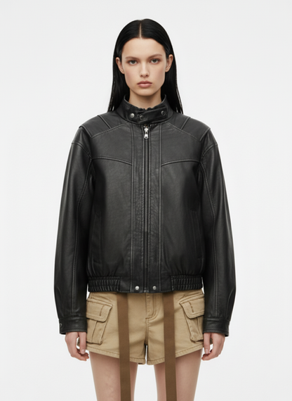 Retro Stand Collar PU Leather Bomber Jacket