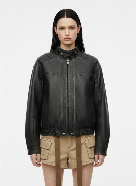 Retro Stand Collar PU Leather Bomber Jacket