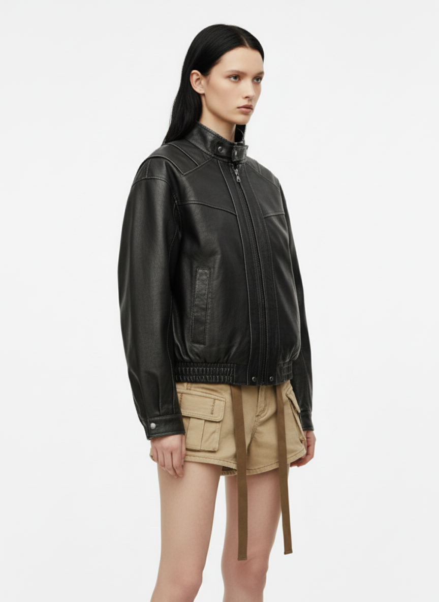 Retro Stand Collar PU Leather Bomber Jacket