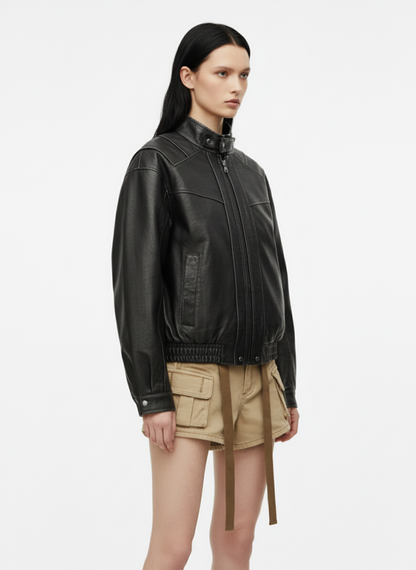 Retro Stand Collar PU Leather Bomber Jacket