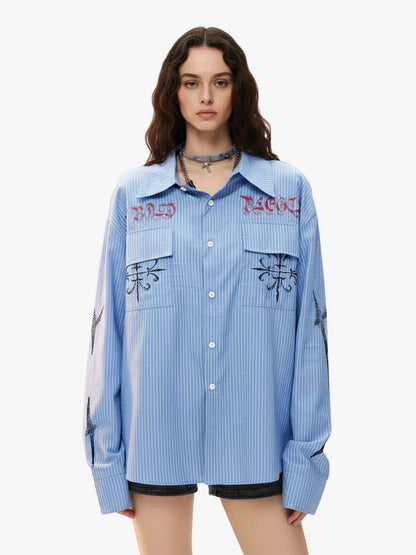 Gothic Embroidered Pinstripe Button-Up Shirt