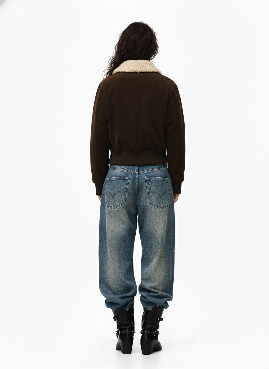 Utility Faux Shearling Collar Suede Look Zip Up Jacket