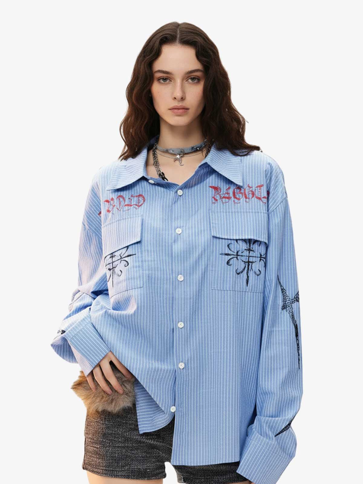 Gothic Embroidered Pinstripe Button-Up Shirt