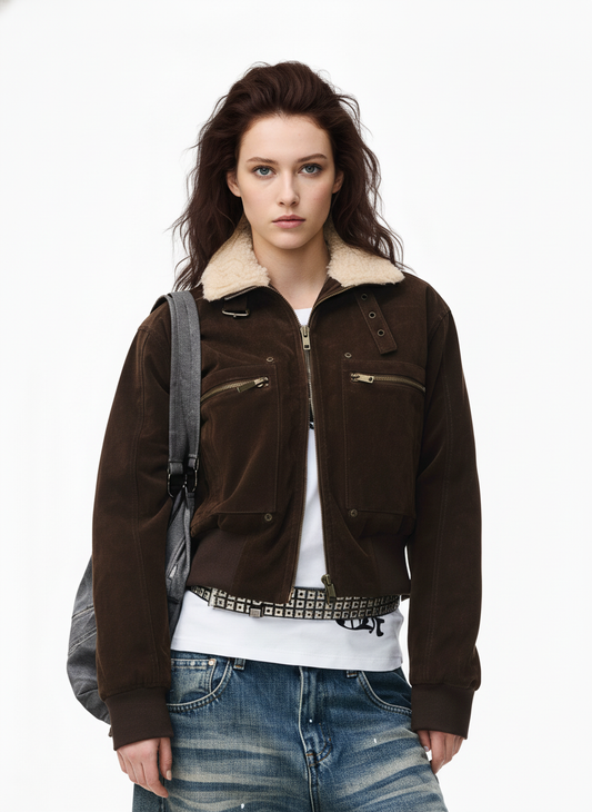 Utility Faux Shearling Collar Suede Look Zip Up Jacket