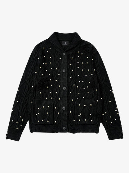 Retro Beaded Crochet Distressed Knit Cardigan 