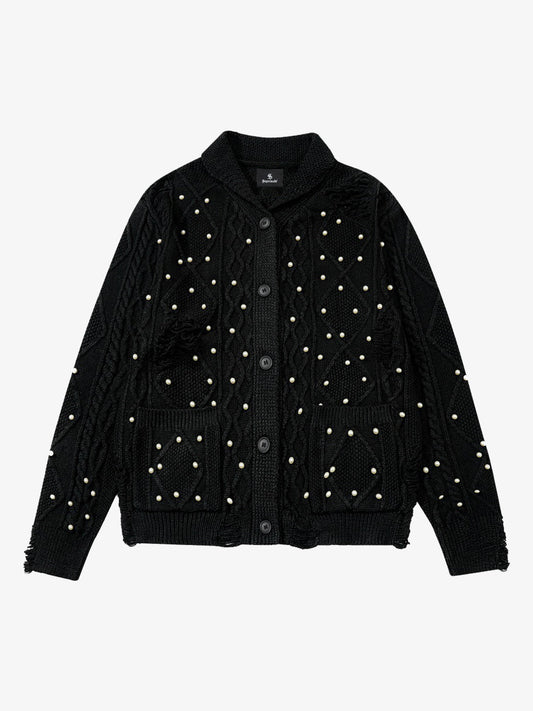 Retro Beaded Crochet Distressed Knit Cardigan 
