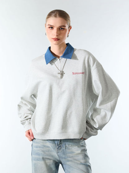 Original Denim Lapel Patchwork Sweatshirt