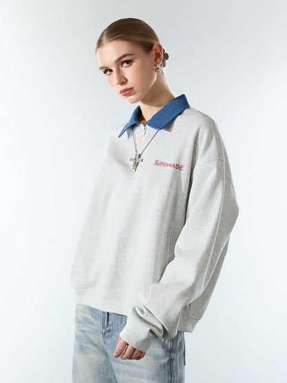 Original Denim Lapel Patchwork Sweatshirt