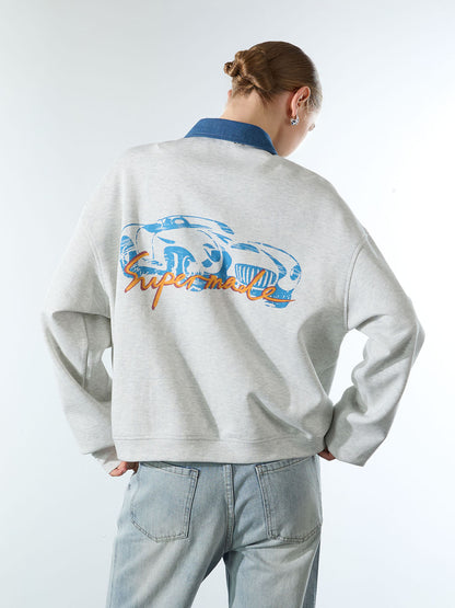 Original Denim Lapel Patchwork Sweatshirt