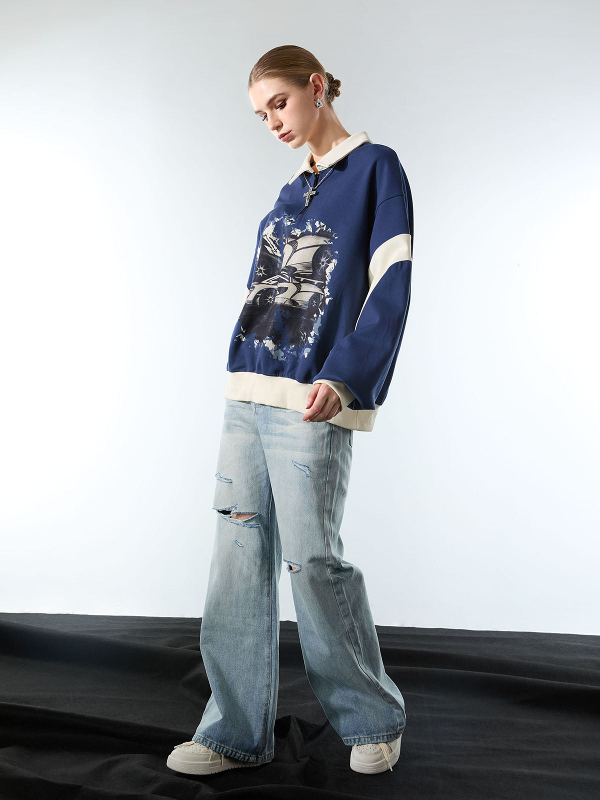 Original Racing Style Print Lapel Sweatshirt