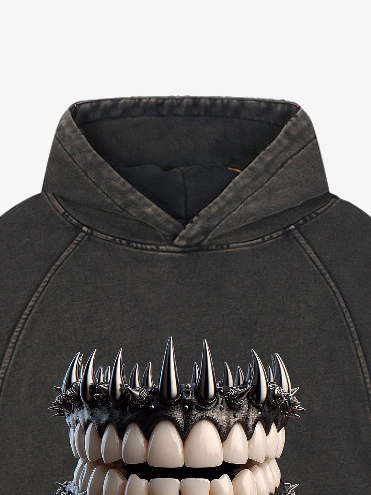 Thesupermade American Retro Dark Teeth Print Distressed Cropped Hoodie 